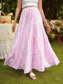 SHEIN Maternity Striped Bow Print Pleated Casual Versatile Daily Wear Skirt - Pink - View 4