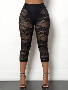 BamGleam Women's Contrast Lace Elastic Waist Cropped Leggings - Black - View 1