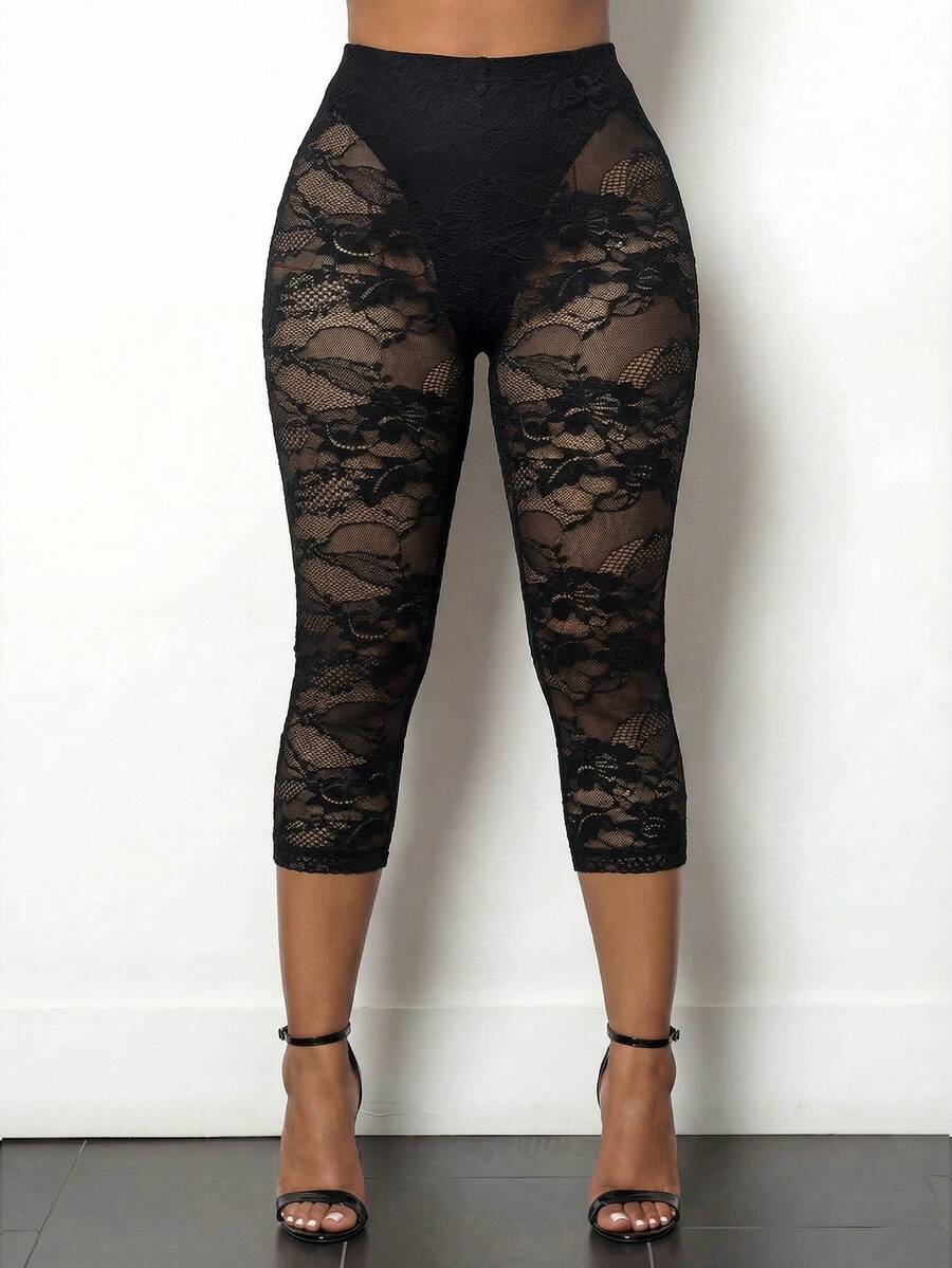 BamGleam Women's Contrast Lace Elastic Waist Cropped Leggings - Black - View 1