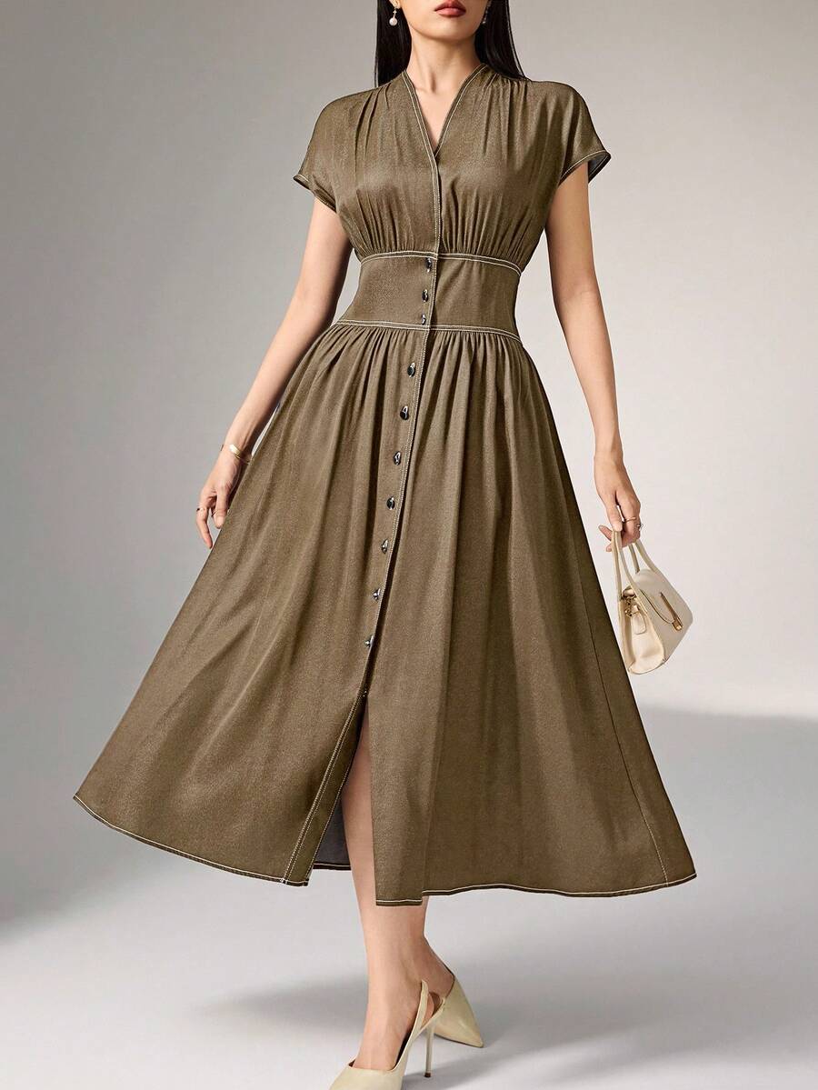 Heiryn Women's Solid Color V-Neck Ruched Waist Elegant Midi Dress For Party,Summer Dresses For Women