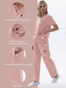 TaskEZ Women Scrub Set Top And Pants Seven Large Pockets - Pink - View 1