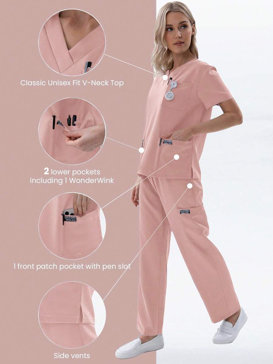 TaskEZ Women Scrub Set Top And Pants Seven Large Pockets - Pink - View 1