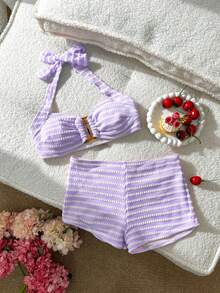 Swim Mod Women's Cute Vacation Pink Striped Halter Swimwear Set - Purple - View 4