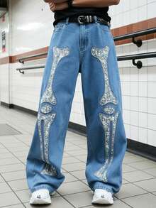 Manfinity EMRG Quần jeans ống rộng wash, thiết kế mới mùa xuân, phối họa tiết thêu đắp. - Màu xanh lam - Xem 1