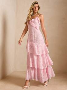 Enchnt 女士镂空拼接荷叶边下摆优雅吊带裙 - 粉色 - 查看 4