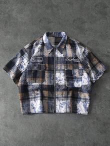 Manfinity Roghcode Vintage Distressed Plaid Shirt For Men,Boxy Zip-Front Short Sleeve Shirt,Utility Pockets,Retro Workwear,Navy Blue,Summer,Streetwear,City Break,Woven - Blue - View 1