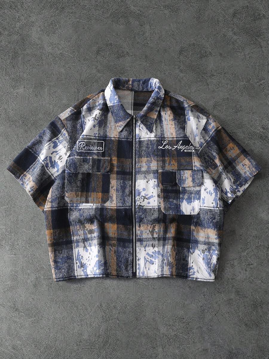 Manfinity Roghcode Vintage Distressed Plaid Shirt For Men,Boxy Zip-Front Short Sleeve Shirt,Utility Pockets,Retro Workwear,Navy Blue,Summer,Streetwear,City Break,Woven - Blue - View 1