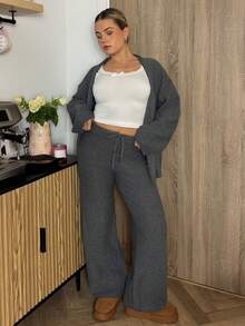 Bethéva 女士宽松商务休闲针织开衫和直筒裤套装，秋冬优雅办公室装 - 深灰色 - 查看 5