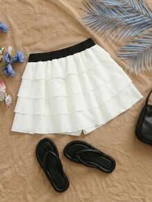 Franclia Women's Summer Beach Vacation Style Waist Splicing Elastic Drawstring Waist Cake Skirt - White - View 2