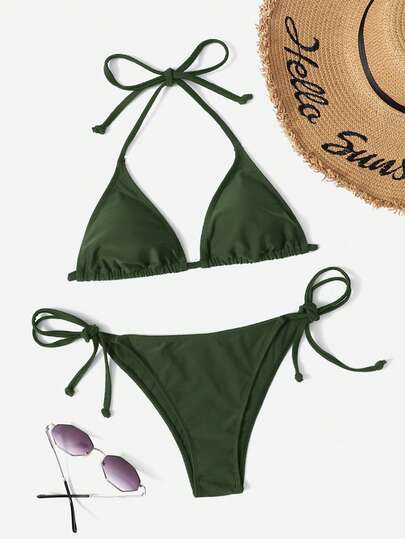 Swim Vcay Women's Summer Beach Solid Color Halter Tie Sexy Bikini Swimsuit Set