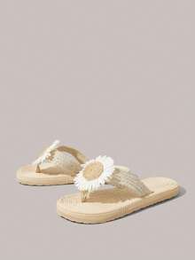 Styleloop Women's Flat Sandals Summer Open-Toed Hemp Rope Woven Sandals Rhinestone Shiny Bohemian Vacation Shoes Roman Beach Sandals Outside Slippers - Khaki Flowers - View 2