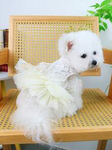 PETSIN 一件猫狗通用服装，蕾丝花朵提花网纱公主风婚纱，优雅猫狗新娘礼服 - 米色 - 查看 5