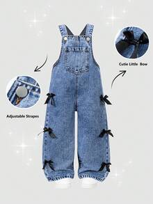 SHEIN   Girls Cute Bow Ribbons Details Denim Dungarees, With Adjustable Strapes, Flat Pockets On Front, Versatile Clothes For Kids, Versatile Outfit For Girls, Loose Fit Wide Leg Jean Dungarees, Stone Wash Medium Blue, Made With Good Quality Cotton Fabric, Cozy Handfeel, Spring Holiday Must Have Kids Wear , Spring Summer Girls Wear, Girls Must Have Daily Fashion Item, Preppy Style Kids Wear, Sweet Girls Fashion Item, Denim Wear For Girls, Young Girls Clothes. - Blue - View 1