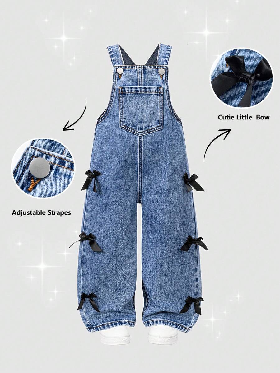 SHEIN   Girls Cute Bow Ribbons Details Denim Dungarees, With Adjustable Strapes, Flat Pockets On Front, Versatile Clothes For Kids, Versatile Outfit For Girls, Loose Fit Wide Leg Jean Dungarees, Stone Wash Medium Blue, Made With Good Quality Cotton Fabric, Cozy Handfeel, Spring Holiday Must Have Kids Wear , Spring Summer Girls Wear, Girls Must Have Daily Fashion Item, Preppy Style Kids Wear, Sweet Girls Fashion Item, Denim Wear For Girls, Young Girls Clothes. - Blue - View 1