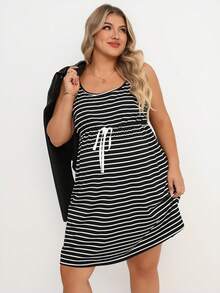 Plussiva Plus Size Maternity Casual Striped Sleeveless Dress For Summer - Black and White - View 6