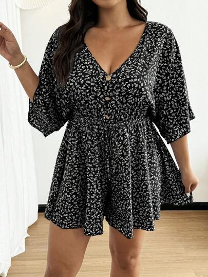 Ceyna Plus Size Women's V-Neck Button Ruffle Sleeve Short Sleeve Loose Shorts Elegant Floral Cute Vacation Casual French Jumpsuit, Spring/Summer