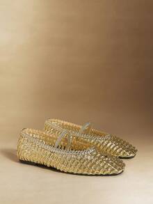 Rosivie Giày bệt nữ mũi vuông dệt thủ công thoải mái, kiểu dáng thường ngày. - Vàng - Xem 3