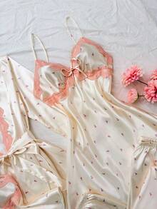SweetSlumber 5pcs Women's Satin Patchwork Lace Floral Pajama Set, Includes Camisole Dress, Robe, Camisole, Shorts And Pants Sleepwear - Pink - View 7