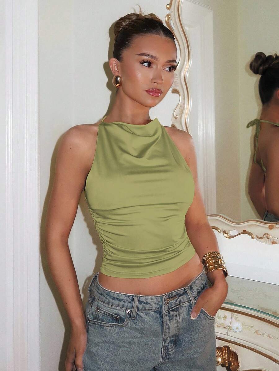 Glamine 1pc Women's Solid Color Ruched Halter Backless Camisole Fall Women Clothes Back To School - Green - View 1