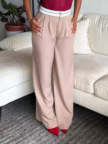 Tyla Gomez Traje informal con pantalones de pierna ancha de color contrastante con bolsillo para otoño/invierno - Caqui - Ver 3