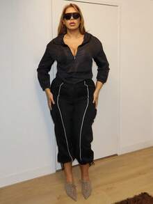 MelDlgn Plus Size Women Elastic Waist Drawstring Cargo Pants With Hem Embellishment Fall Cloth For Women - Black - View 1