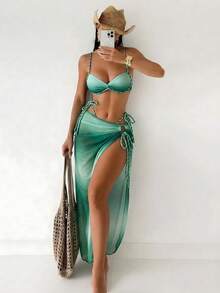 Swim SXY 夏季新款女士三件套渐变编织肩带比基尼套装，系带泳衣和沙滩裙泳装三件套，女士沙滩两件套，三件套泳衣套装，比基尼三件套，沙滩裙套装，泳衣三件套，泳衣罩衫，女士两件套Y2K泳衣，女士泳衣，收腹沙滩装，女士套装，带罩衫的比基尼套装，女士两件套泳衣，女士节日套装，女士优雅派对礼服，女士度假套装，女士沙滩罩衫 - 綠色 - 查看 1