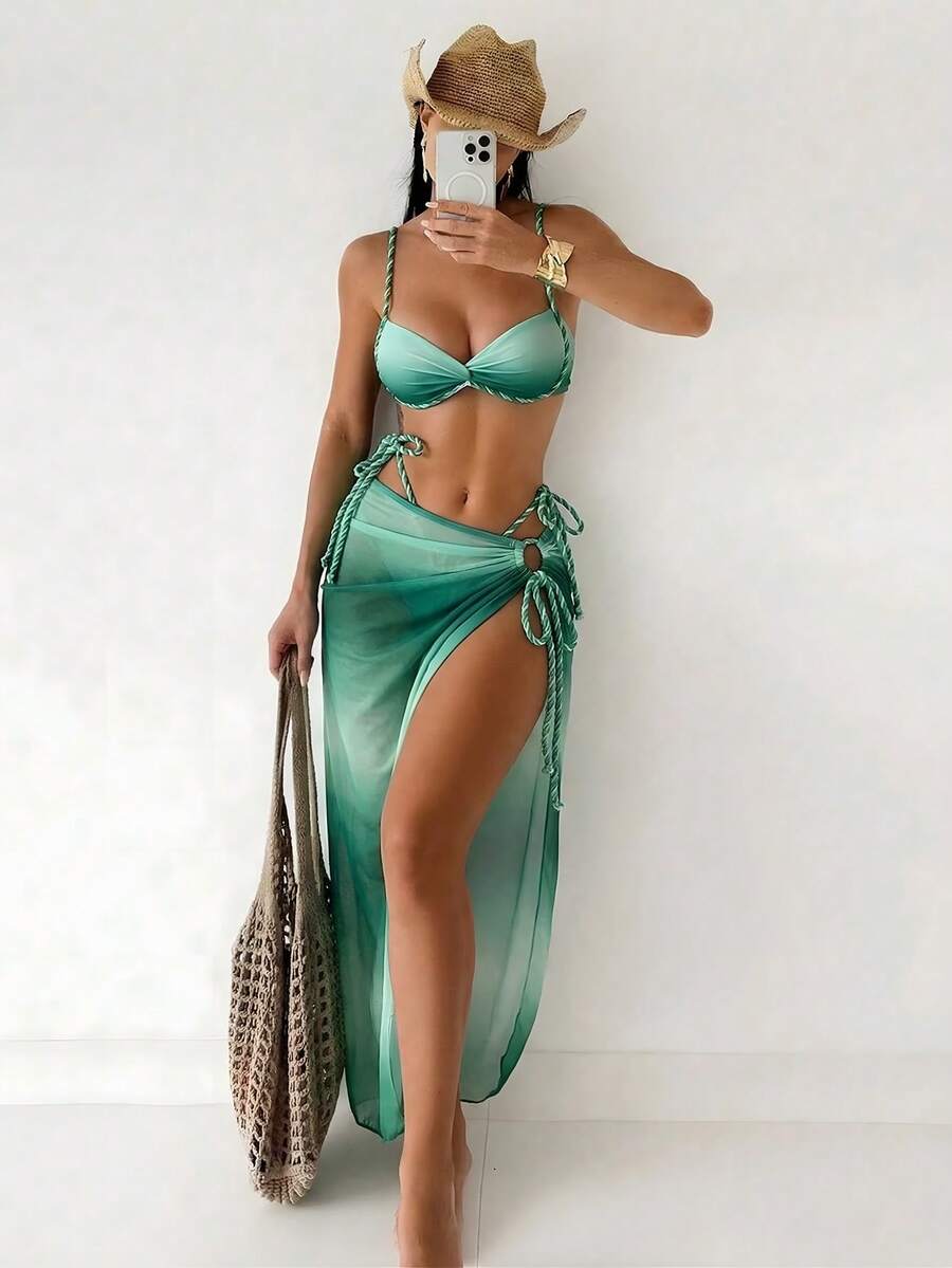 Swim SXY 夏季新款女士三件套渐变编织肩带比基尼套装，系带泳衣和沙滩裙泳装三件套，女士沙滩两件套，三件套泳衣套装，比基尼三件套，沙滩裙套装，泳衣三件套，泳衣罩衫，女士两件套Y2K泳衣，女士泳衣，收腹沙滩装，女士套装，带罩衫的比基尼套装，女士两件套泳衣，女士节日套装，女士优雅派对礼服，女士度假套装，女士沙滩罩衫 - 綠色 - 查看 1
