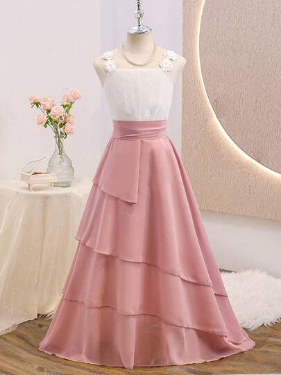 Tween Girls' Elegant Pink Sleeveless Lace Chiffon Fitted Dress, Suitable For Evening Party, Christmas, Halloween, Wedding, Flower Girl, Prom, Graduation, Back To School And Other Occasions