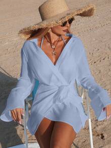 Swim Vcay 女士白色长袖衬衫领带休闲度假沙滩罩衫连衣裙 - 淺藍色 - 查看 6