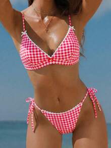Swim Mod 女士格子印花领结和花卉饰边比基尼三件套泳衣，适合海滩派对和假日场合 - 彩色 - 查看 2