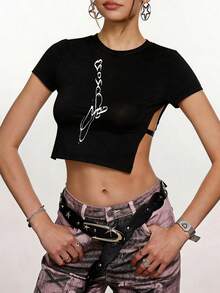 Rina Fox Áo thun đen in hình gợi cảm, thiết kế hở lưng có dây rút điều chỉnh, tay ngắn. - màu đen - Xem 3