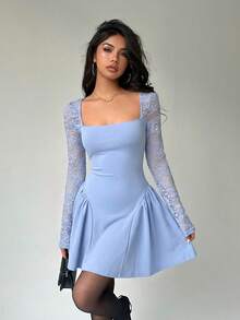 Aloruh Women's Solid Color Light Blue Lace Patchwork Umbrella Skirt - Baby Blue - View 6