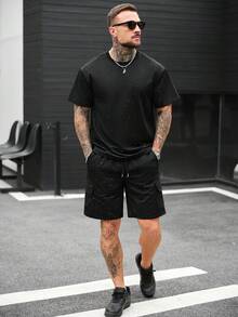 SLATEMANN 男士休闲T恤短裤套装，夏季 - 黑色 - 查看 4