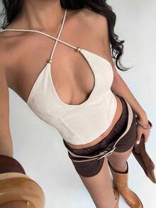 Aloruh Women's Fashionable Sexy Halter Backless Top,Summer Top - Beige - View 3
