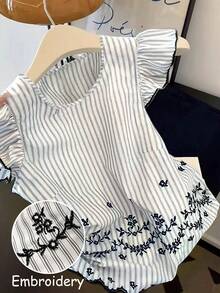 SHEIN LUNE CURVE 大码休闲通勤衬衫，带刺绣喇叭袖 - 藍色 - 查看 1