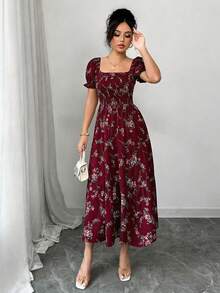 Elenzga 女士春夏方领褶皱短袖荷叶边长款连衣裙，饰有小碎花图案，适合休闲日常、工作、旅行、海滩、波西米亚风、西部风、音乐节、乡村风格等场合。 - 紅色 - 查看 5