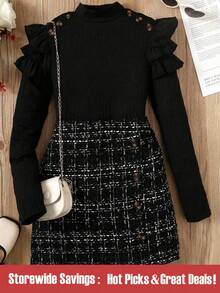 SHEIN 女大童荷葉邊小高領T恤&格紋印花紐扣細節不對稱下擺半身裙 - 黑色 - 查看 1