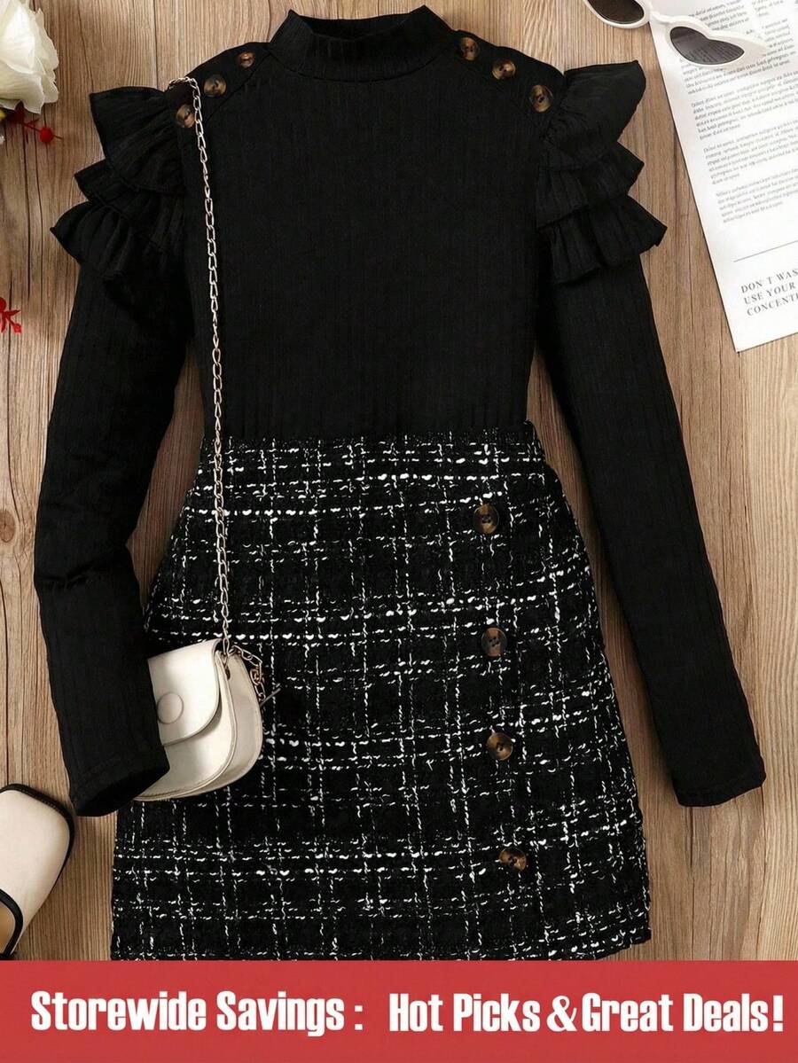 SHEIN 女大童荷葉邊小高領T恤&格紋印花紐扣細節不對稱下擺半身裙 - 黑色 - 查看 1