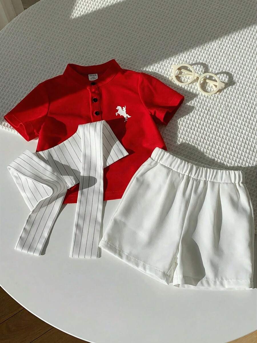 SHEIN 男童绅士套装：衬衫和短裤 - 紅色 - 查看 1