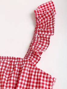 Sweetra 美式学院风红色复古格子短袖露背系带修身夏季简约纯少女休闲迷你连衣裙 - 紅色 - 查看 3