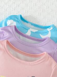 SHEIN 6件套女婴简约可爱星星、月亮、云朵印花短袖连体衣和短裤睡衣套装 - 彩色 - 查看 5