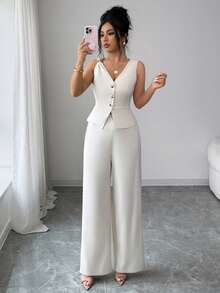 Women's Spring/Summer/Autumn Business Casual Commuting Minimalist Solid Color Asymmetric Sleeveless Vest And Wide Leg Pants 2-Piece Set - Apricot - View 4