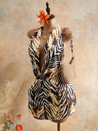 Mistrie Women's Summer Short Dress, Fashionable Zebra Print Sleeveless Backless Front Tie Neck Tie Waist Mini Dress, Suitable For Daily Outings, Afternoon Tea, Summer Vacation  , , Beach Vacation Outfits For Women , Vacation Outfits Women  , Holiday Outfits For Women  , Vacation  , Holiday  , Summer Holiday Outfits , Holiday Outfits  , Vacation Outfits For Women , Vacation Dresses Vacation Dress  , Beach Vacation Outfits For Women