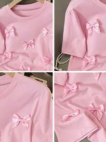 Franclia 女士休闲H型圆领3D蝴蝶结短袖粉色T恤，夏季可爱蝴蝶结上衣，女士T恤，女士可爱衬衫，女士上衣，工作衬衫，YSK服装，运动上衣，女士服装，女士上衣和衬衫，少女风上衣 - 粉色 - 查看 3