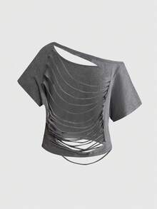 ROMWE Grunge Punk Áo thun ngắn tay nữ kiểu dáng thường ngày, chất liệu da, có đinh tán, rách lưng, cổ lệch, thích hợp mặc hàng ngày. - Xám - Xem 2