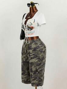 Slaydiva 女士迷彩印花系带抽绳下摆休闲牛仔裤 - 軍綠色 - 查看 4