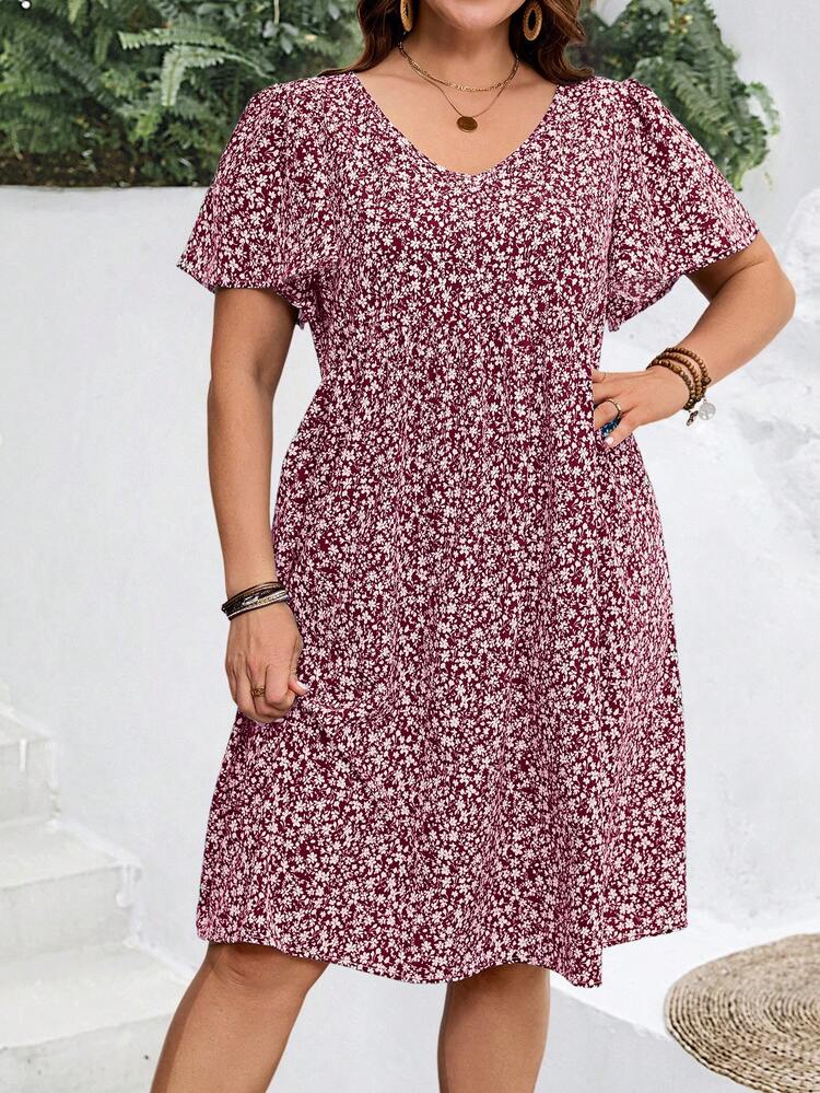 Plus Size Women's Summer Ditsy Floral Ruffle Sleeve Holiday Dress