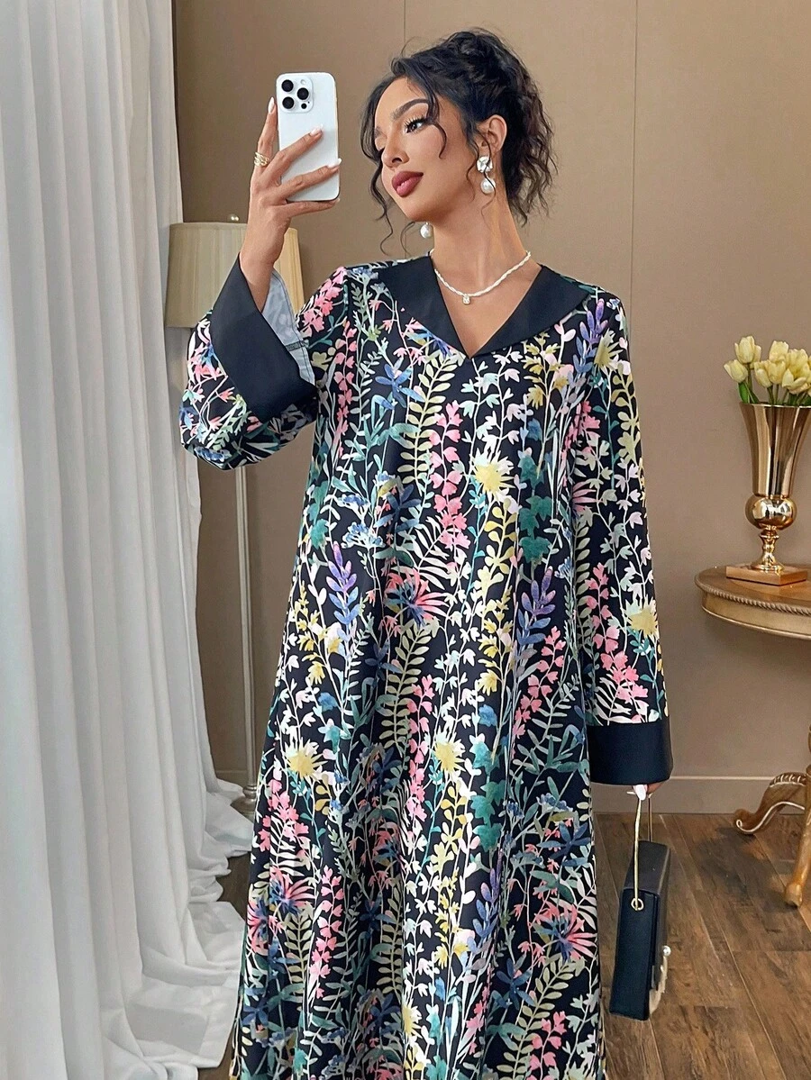 SHEIN Najma Elegant Floral Print Long Sleeve Loose Dress For Women - Black - View 1