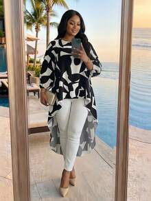 SHEIN Lady CURVE Plus Size Women Vacation Geometric Pattern Round Neck Lantern Sleeve High Low Hem Blouse  Summer Spring Summer Outfits For Women  Spring Outfit  High Low Blouse Long Blouses Curve Kimono 2 Piece Sets Woman Casual Modest Two Piece Set Festival Outfits For Women    Beach  Beach Outfit For Women Vacation Outfits Women  Vacation   Holiday Women Casual Outfits Women Vacation Outfit Sets Holiday Outfits For Women Women Clothes Sets Beach Wear Women - Black and White - View 6