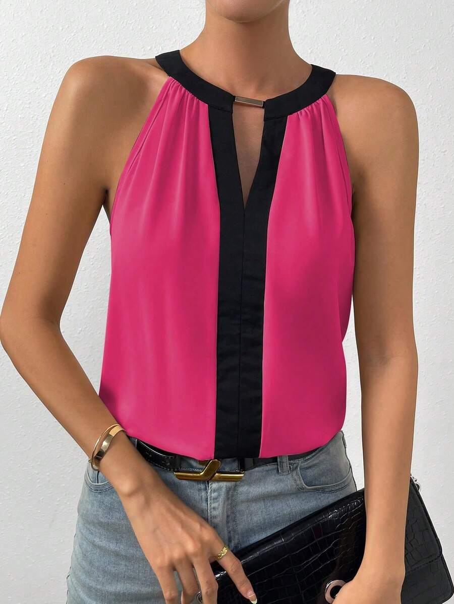 EMERY ROSE 撞色滚边钥匙孔领休闲无袖衬衫，适合夏季穿着 - 玫紅色 - 查看 1